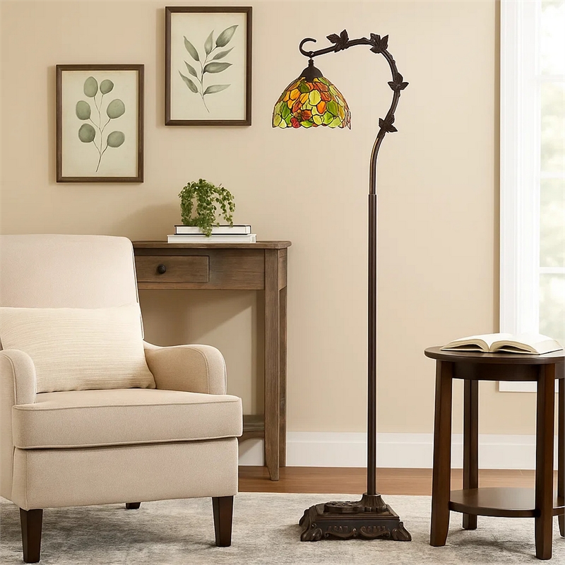 Benjara Downbridge Metal Floor Lamp with Leaf Accents- Multicolor