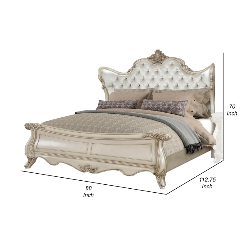 Benjara Moen King Size Bed- Tufted Polyester Upholstery- Carved Wood- Champagne