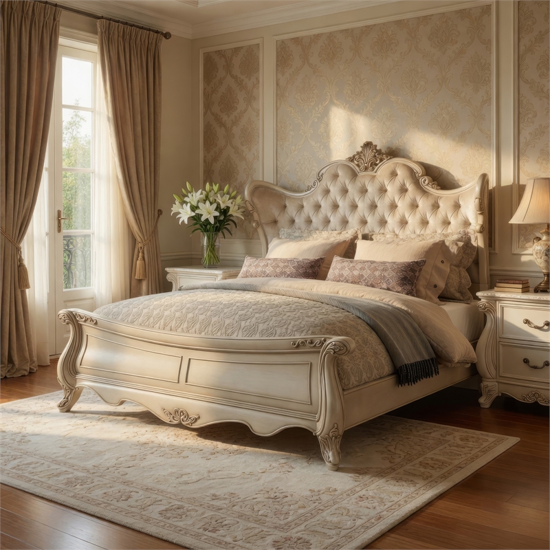 Benjara Moen King Size Bed- Tufted Polyester Upholstery- Carved Wood- Champagne