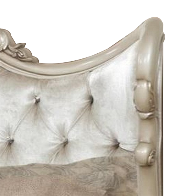 Benjara Moen Queen Size Bed- Tufted Polyester Upholstery- Carved Wood- Champagne