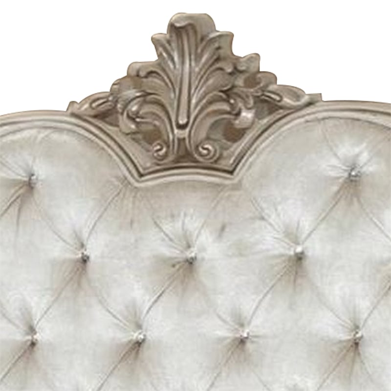 Benjara Moen Queen Size Bed- Tufted Polyester Upholstery- Carved Wood- Champagne