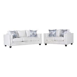 Benjara Imna Sofa and Loveseat Set with 4 Accent Pillows- White Blue Chenille