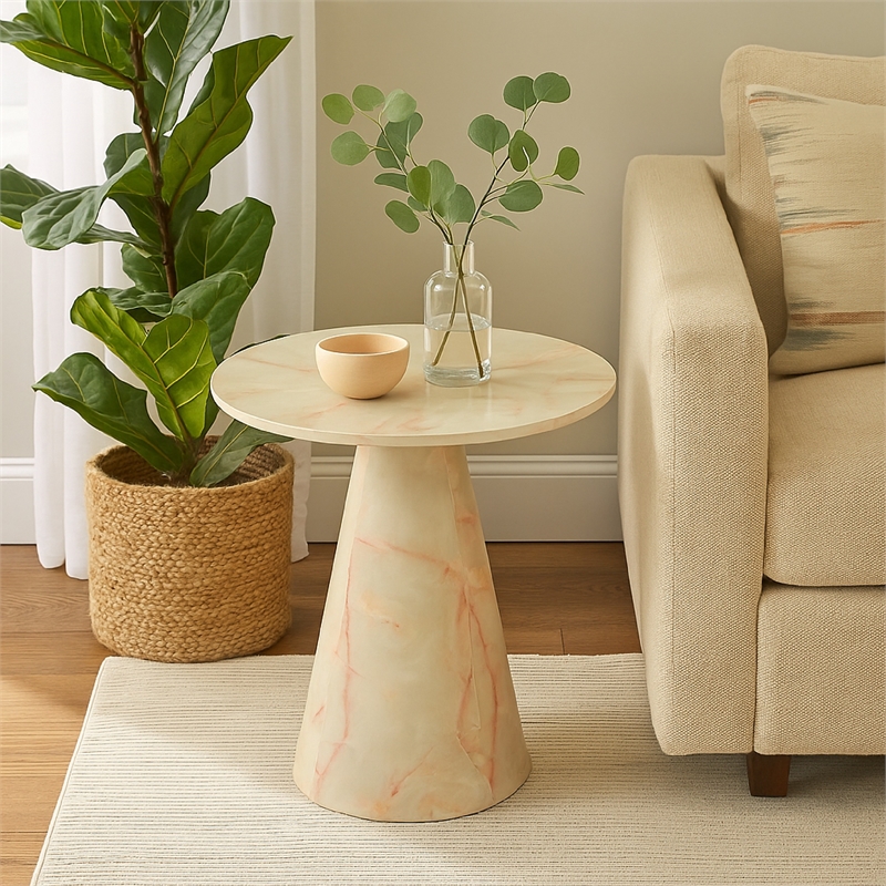 Benjara Cid Pany End Table- Modern Off White Faux Marble- Round 24