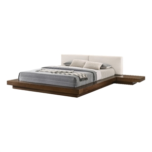 Benjara Nia Queen Size Bed-Gray Faux Leather-Walnut Brown Low Profile Platform