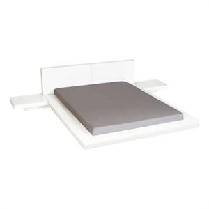 Benjara Nira King Size Platform Bed-2 NightStands-White Faux Leather Upholstery