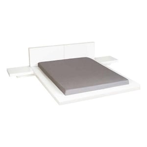 Benjara Nira Queen Size Platform Bed-2 NightStands-White Faux Leather Upholstery