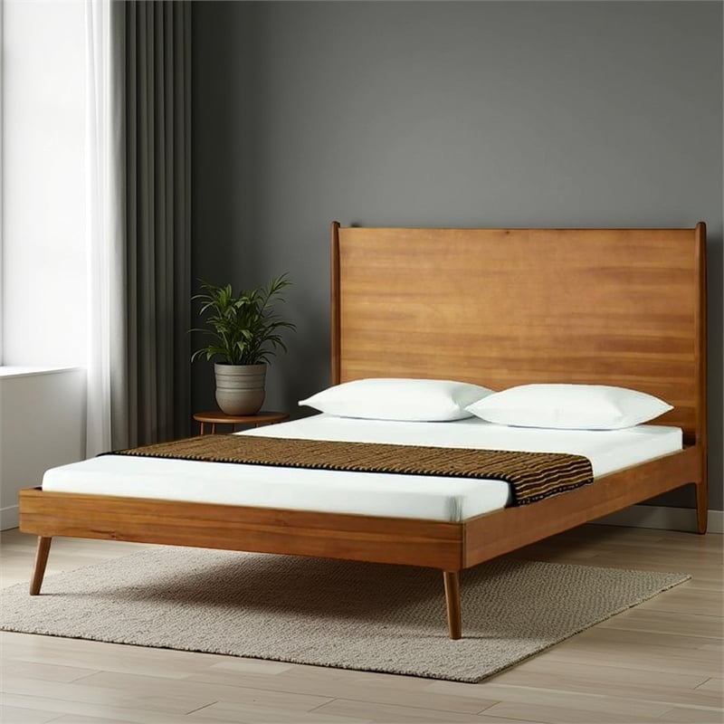 Benjara Full Size Bed with Panel Headboard- Natural Brown Acacia Wood