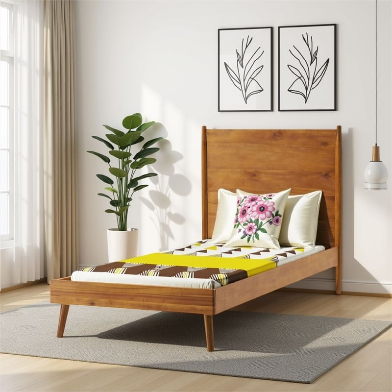 Benjara Twin Size Bed with Panel Headboard- Natural Brown Acacia Wood