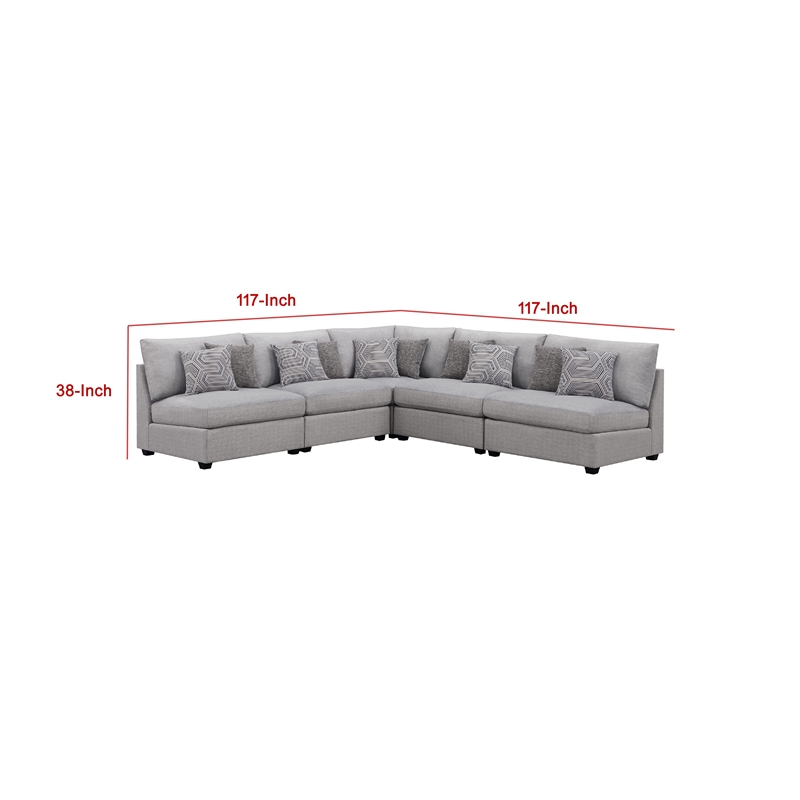 Benjara Cambia 5 Piece Modular L Shaped Sectional Sofa- Gray- 10 Pillows