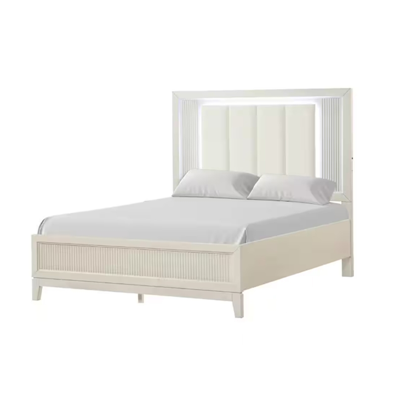 Toi 5pc Queen Bedroom Set w 2 Nightstands- Fluted LED- White Upholstery