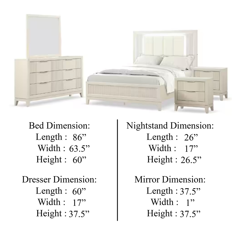 Toi 5pc Queen Bedroom Set w 2 Nightstands- Fluted LED- White Upholstery