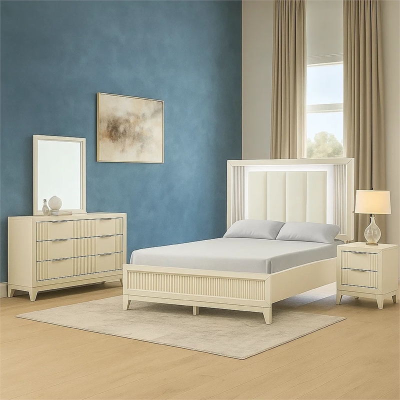 Toi 5pc Queen Bedroom Set w 2 Nightstands- Fluted LED- White Upholstery