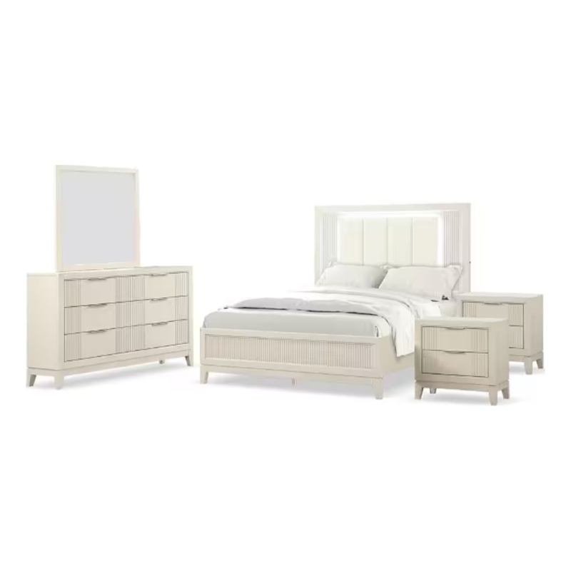 Toi 5pc Queen Bedroom Set w 2 Nightstands- Fluted LED- White Upholstery