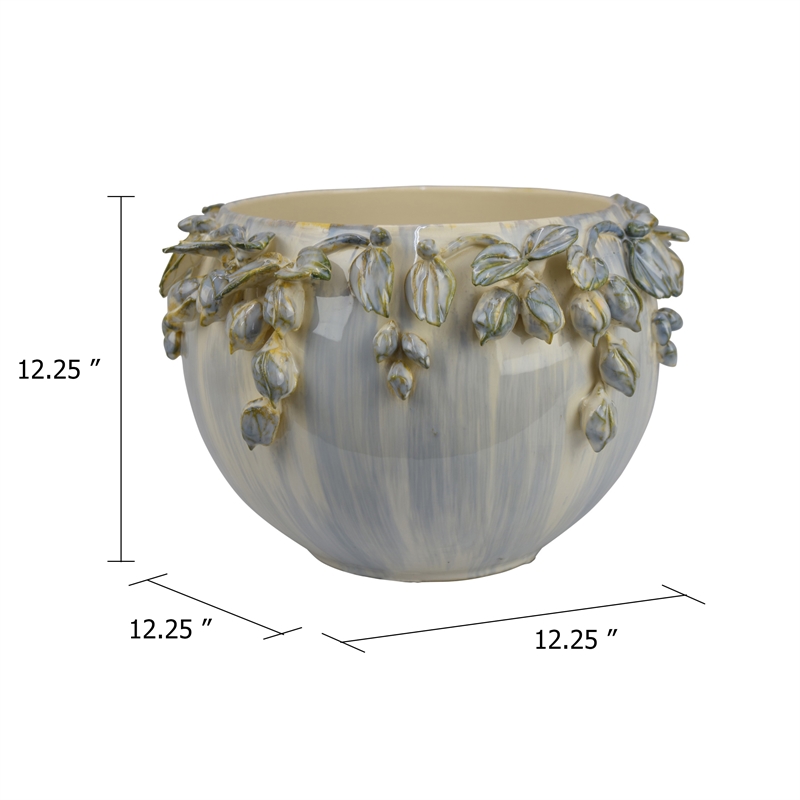 Decorative Bowl Planter- White Ceramic with Floral Garland Rim- 12 Inch