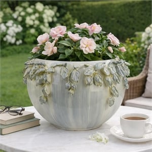 Decorative Bowl Planter- White Ceramic with Floral Garland Rim- 8.5 Inch