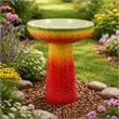 19 Inch Bird Bath- Multicolor Ceramic- Strawberry Pedestal Garden Bowl