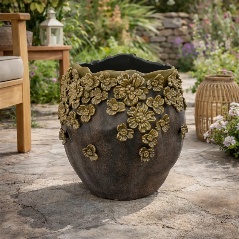 Siya Decorative Vase- Brown Ceramic- Rustic Round Floral Design- 13 Inch