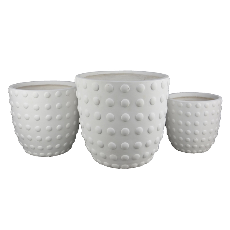 Planter Set of 3- White Resin- Smooth Round Dotted Texture- 15 12 10 Inch
