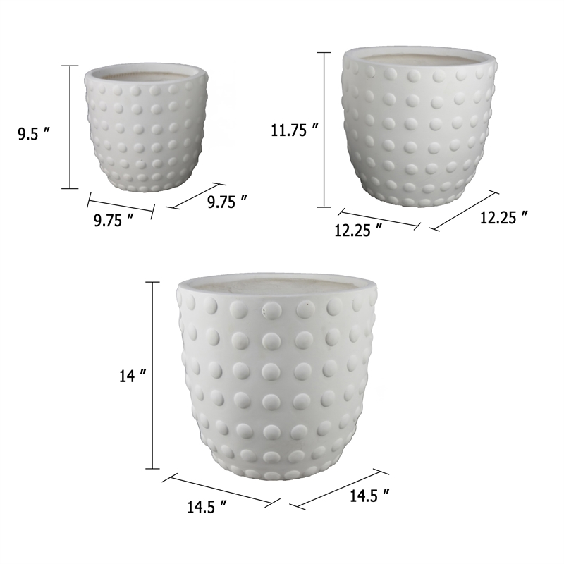 Planter Set of 3- White Resin- Smooth Round Dotted Texture- 15 12 10 Inch