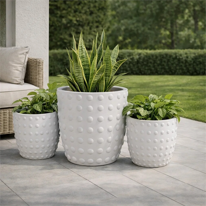 Planter Set of 3- White Resin- Smooth Round Dotted Texture- 15 12 10 Inch