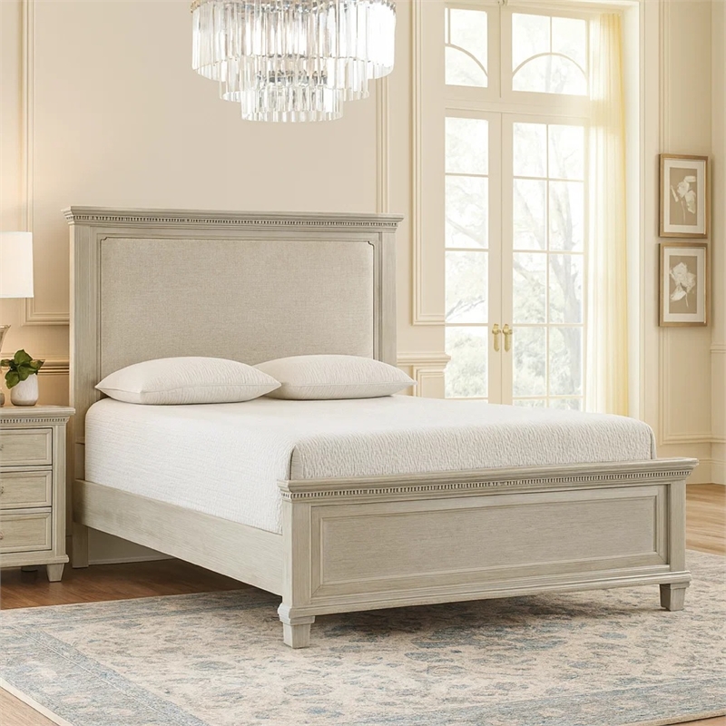 Avy Queen Size Bed with Padded Upholstered Headboard- Mist Gray Pine