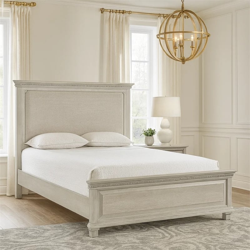 Avy Queen Size Bed with Padded Upholstered Headboard- Mist Gray Pine
