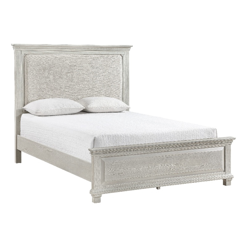 Avy Queen Size Bed with Padded Upholstered Headboard- Mist Gray Pine