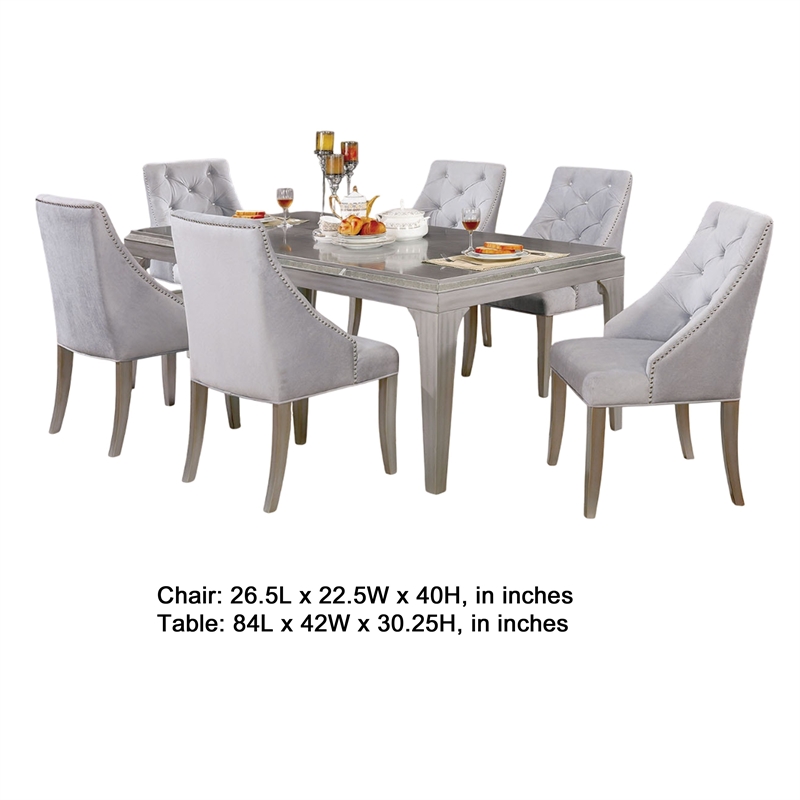 Jamie 7pc Dining Table Set- 6 Button Tufted Fabric Chairs- Silver-Gray