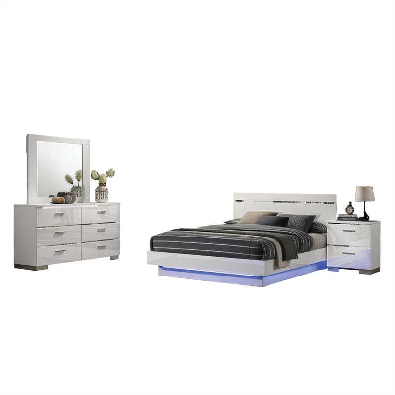 Pero 4pc Queen Bedroom Set with LED- Chrome and White- Dresser Mirror