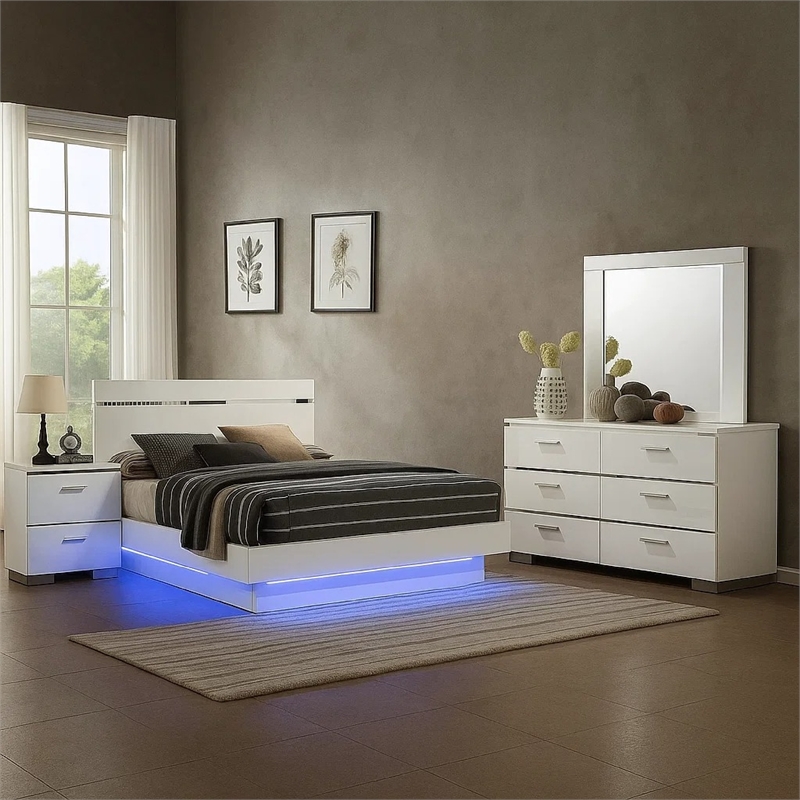 Pero 4pc Queen Bedroom Set with LED- Chrome and White- Dresser Mirror