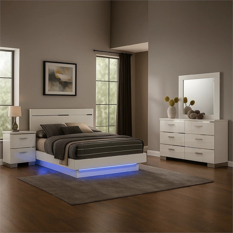 Pero 4pc Queen Bedroom Set with LED- Chrome and White- Dresser Mirror