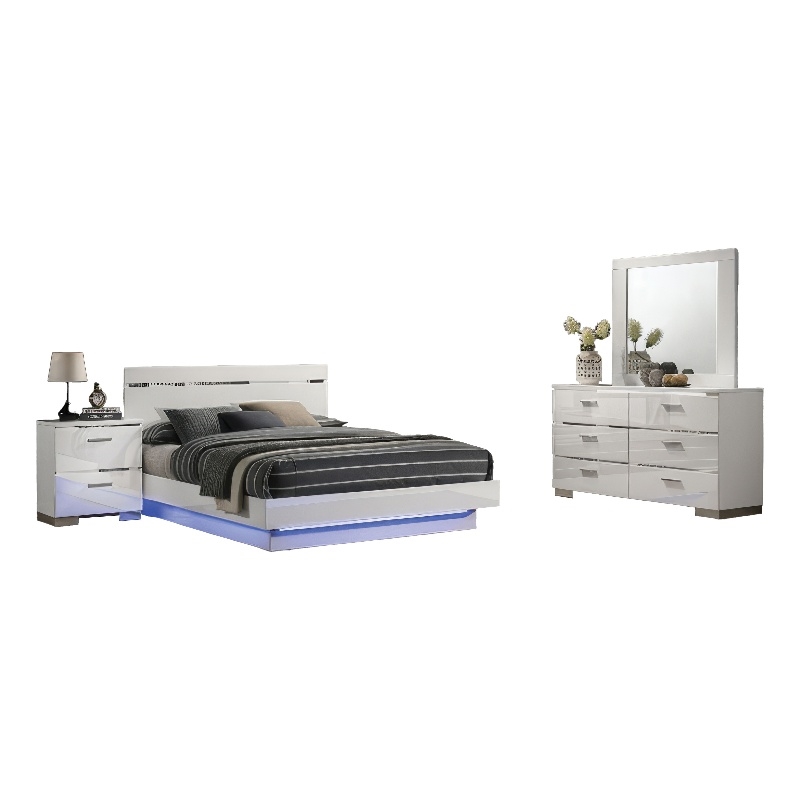 Pero 4pc Queen Bedroom Set with LED- Chrome and White- Dresser Mirror