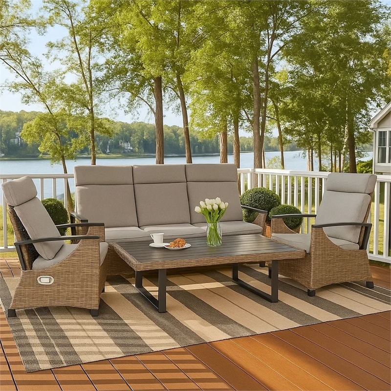 Lona 4pc Outdoor Sofa and Table Set w Gray Cushions- 2 Chairs- Black