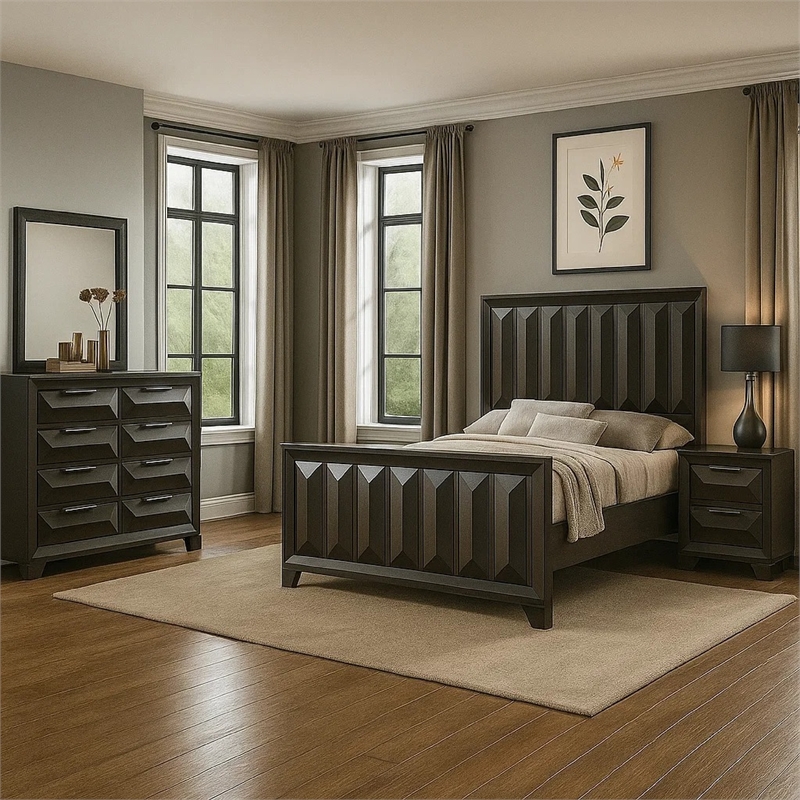 Fema 4pc Queen Bedroom Set- Vertical Faceted Panel Headboard- Brown