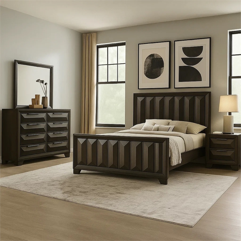 Fema 4pc Queen Bedroom Set- Vertical Faceted Panel Headboard- Brown