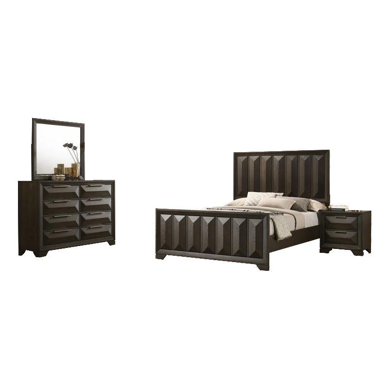 Fema 4pc Queen Bedroom Set- Vertical Faceted Panel Headboard- Brown