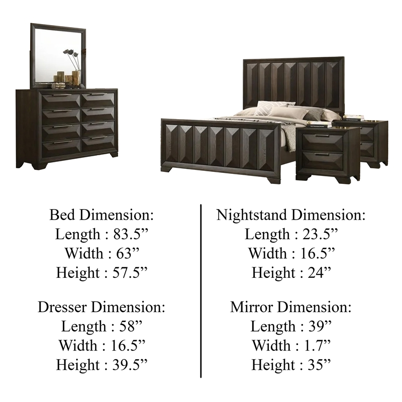Fema 5pc Queen Bedroom Set- Vertical Faceted Panel- 2 Nightstands- Brown