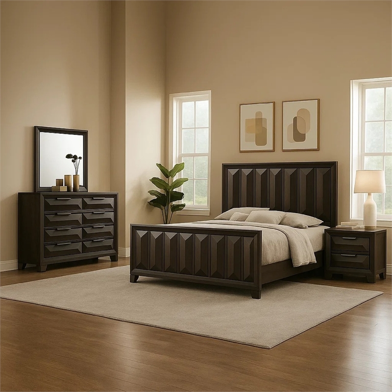 Fema 5pc Queen Bedroom Set- Vertical Faceted Panel- 2 Nightstands- Brown