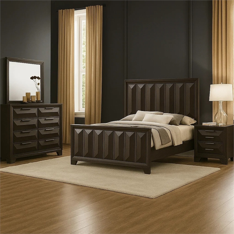 Fema 5pc Queen Bedroom Set- Vertical Faceted Panel- 2 Nightstands- Brown