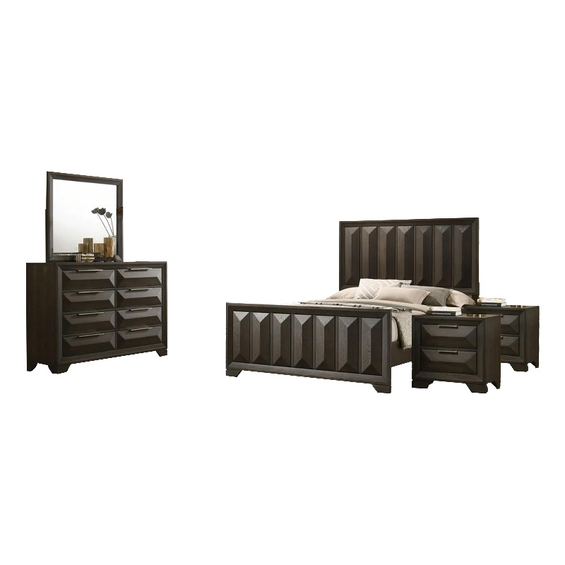 Fema 5pc Queen Bedroom Set- Vertical Faceted Panel- 2 Nightstands- Brown