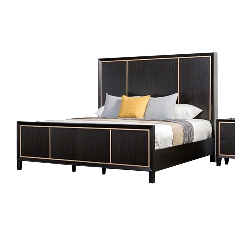 Yada 4pc Queen Bedroom Set w Dresser Mirror- Espresso Brown with Gold Trim
