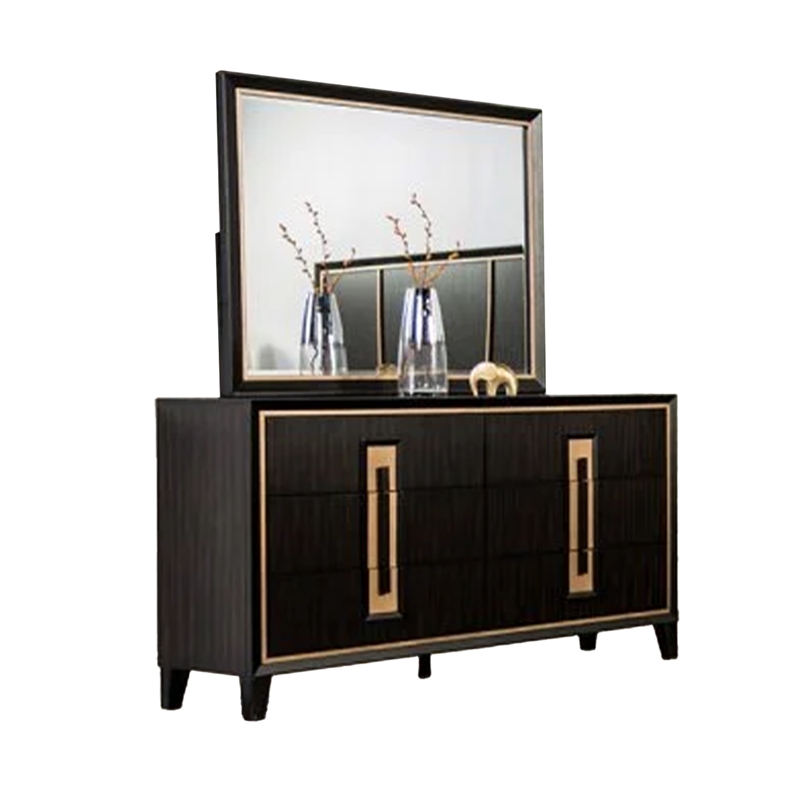 Yada 4pc Queen Bedroom Set w Dresser Mirror- Espresso Brown with Gold Trim