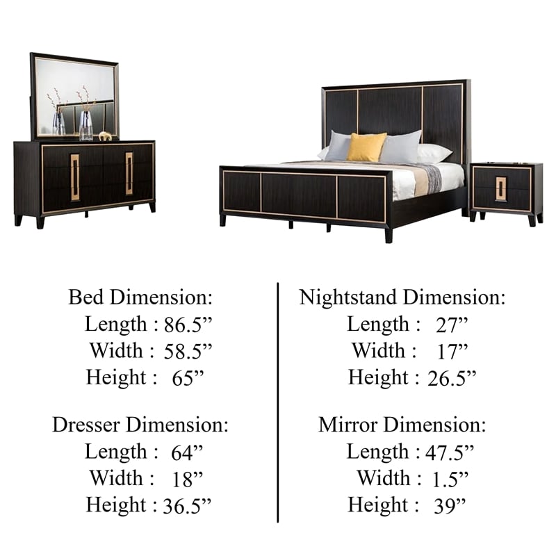 Yada 4pc Queen Bedroom Set w Dresser Mirror- Espresso Brown with Gold Trim