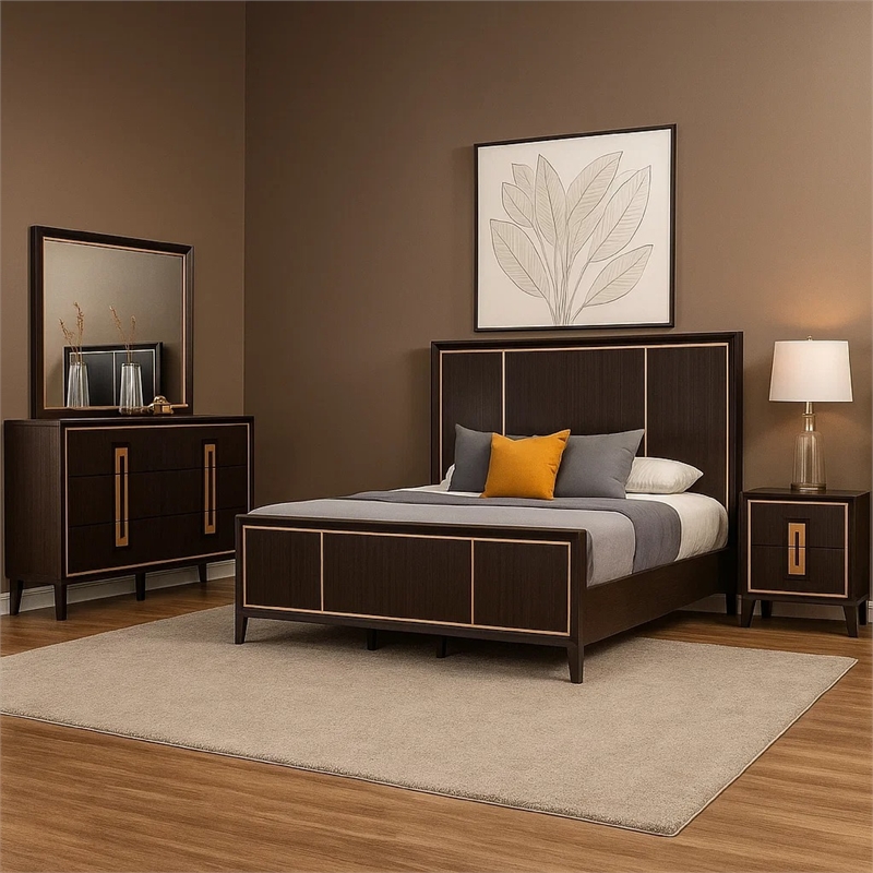 Yada 4pc Queen Bedroom Set w Dresser Mirror- Espresso Brown with Gold Trim