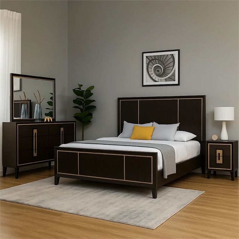 Yada 4pc Queen Bedroom Set w Dresser Mirror- Espresso Brown with Gold Trim