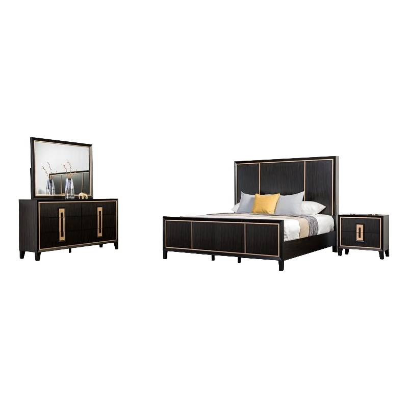 Yada 4pc Queen Bedroom Set w Dresser Mirror- Espresso Brown with Gold Trim