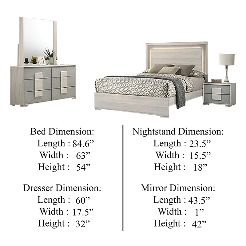 Nomi 4pc Queen Bedroom Set w LED Headboard- Stone Gray Drawers