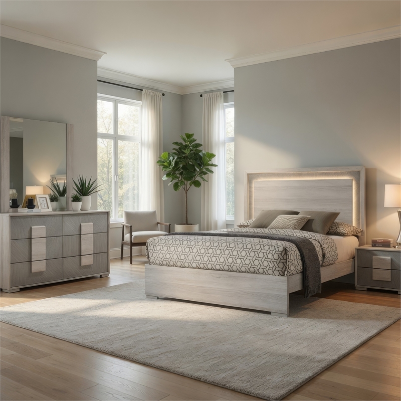 Nomi 4pc Queen Bedroom Set w LED Headboard- Stone Gray Drawers