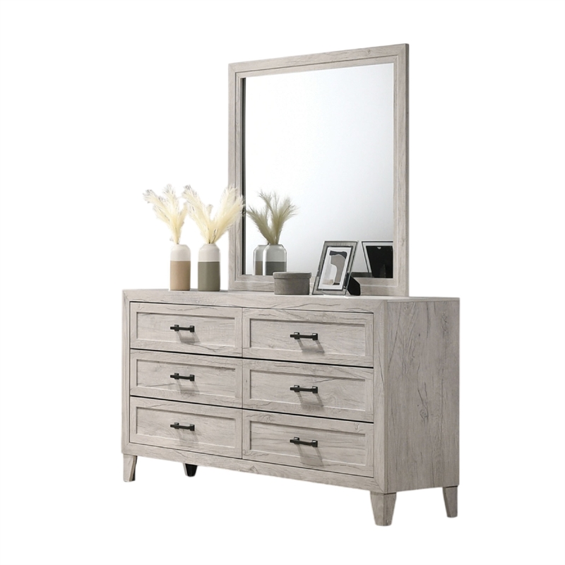 Miot 4pc Queen Bedroom Set- Headboard Shelves w Light- Whitewash