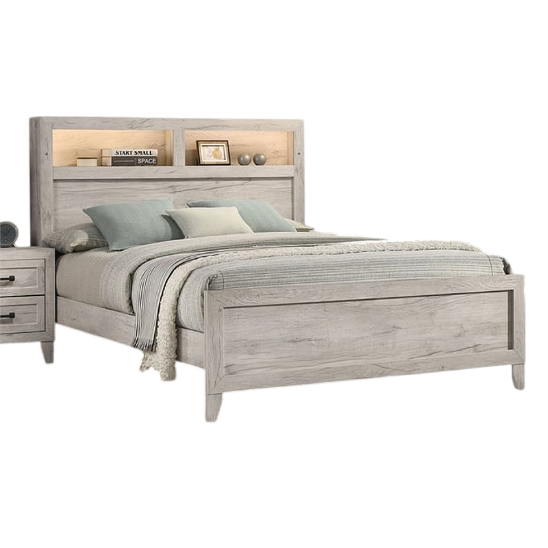 Miot 4pc Queen Bedroom Set- Headboard Shelves w Light- Whitewash